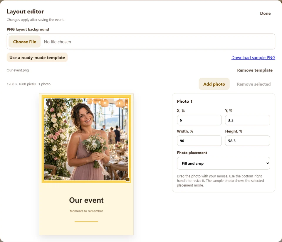The working PhotoBaker layout editor with a demo PNG template